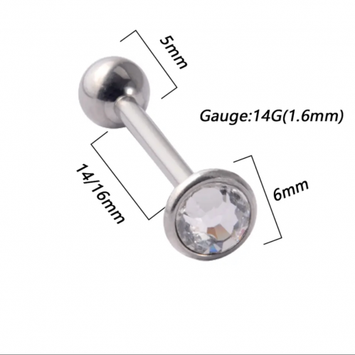 حلق بحجر لون شفاف للسان بمقاس 16-14مم - Anti-Allergy Surgical Steel Tongue Rings 16-14mm