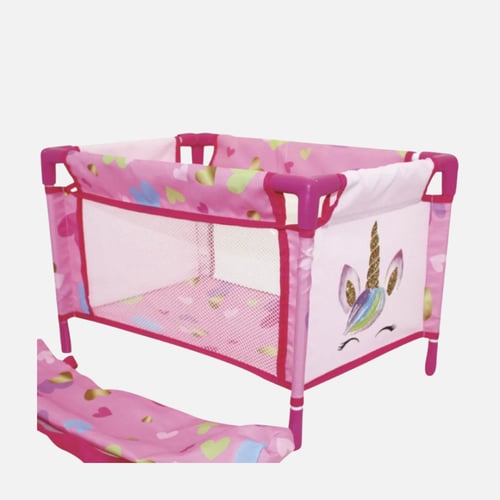 بامبولينا - سرير دمية مع حقيبة نقل وردي مطبوع يوني...