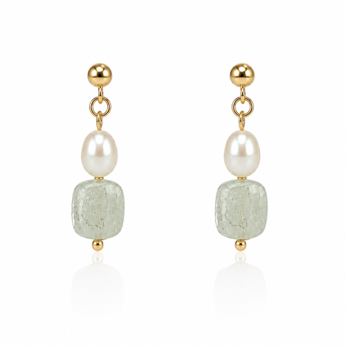 Natural Green Stone & Freshwater Pearl Earrings, G...