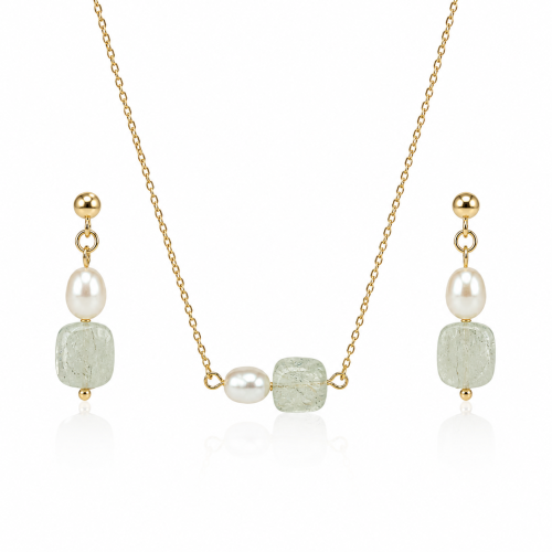 Natural Green Stone With Natural Pearl Necklace And Earrings Set, Gold Tone Stainless Steel