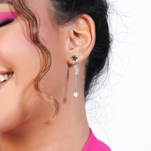 أقراط طويلة مع نجوم وكرستال شفاف | Silver long sta...