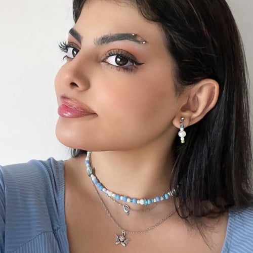 سلسال خرز قصير أزرق و أبيض | Beads necklace in blu...