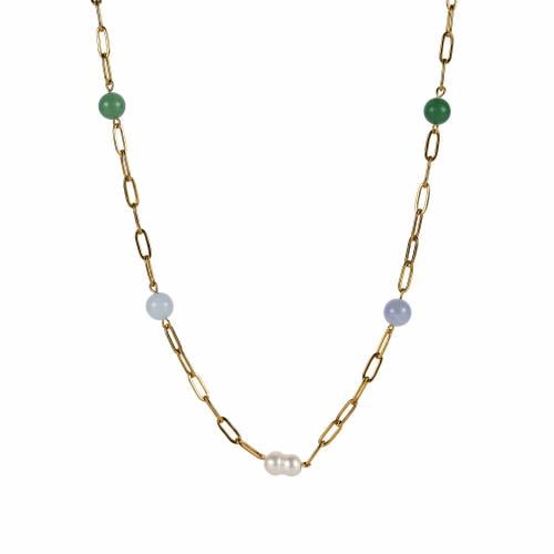 سلسال طويل ذهبي مع احجار طبيعية | Gold with mixed...