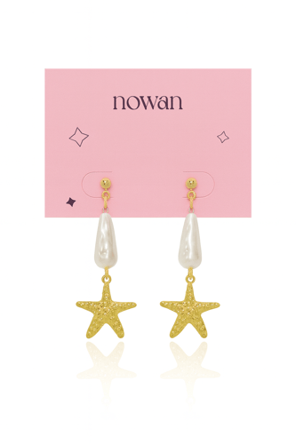 أقراط اللولو مع نجمة البحر ذهبي ضد الصدأ