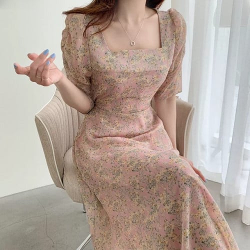 فستان نسائي انيق باكمام منتفخة ، على الطراز الكوري...