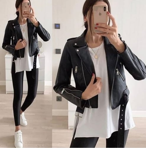 جاكيت جلدي نسائي ، أناقة وجودة عالية ، لون أسود