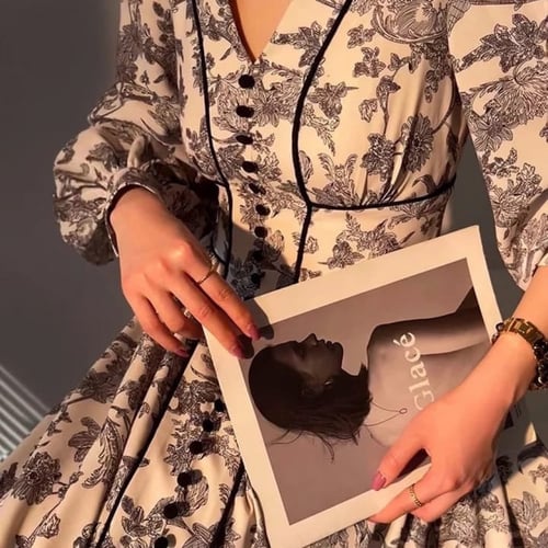 فستان أنثوي فاخر ، متوسط الطول ، مزين بنقوش نباتية...