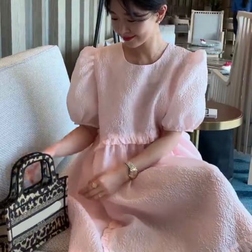 فستان كوري أنيق بناتي بطول الركبة مع أكمام بتصميم...