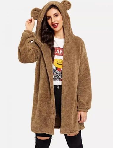 معطف تيدي نسائي مقنع مفتوح من الامام ، لون بني