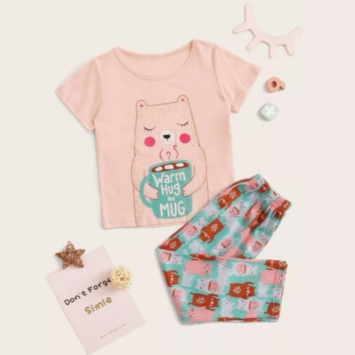 طقم بيجامة بناتي برسوم جرافيك ، لون خربزي