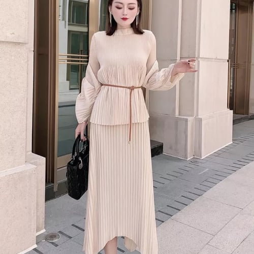 مجموعة أزياء الربيع ، طقم بلوزة وتنورة وحزام جلدي،...