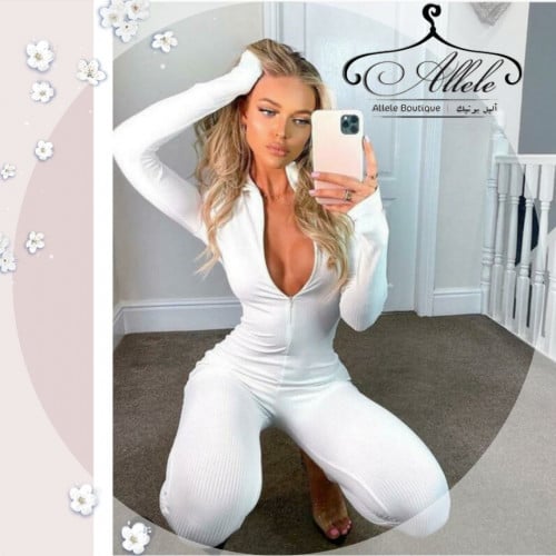 افرول قطني ، بتصميم سحاب واكمام طويلة ، لون أبيض