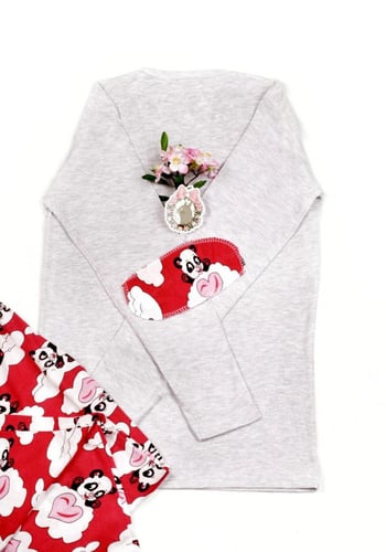 بيجامة نسائية قطن ، 3 قطع ، اللون الرمادي فاتح