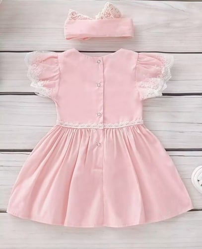 فستان بناتي بتصميم الدانتيل ، لون وردي