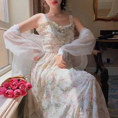 فستان نسائي صيفي بنمط الزهر ، تصميم كوري ، بدون اك...