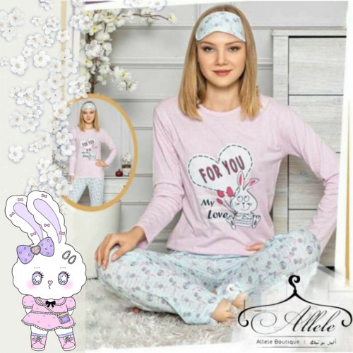 بيجامة نسائية قطن ، 3 قطع ، اللون الوردي