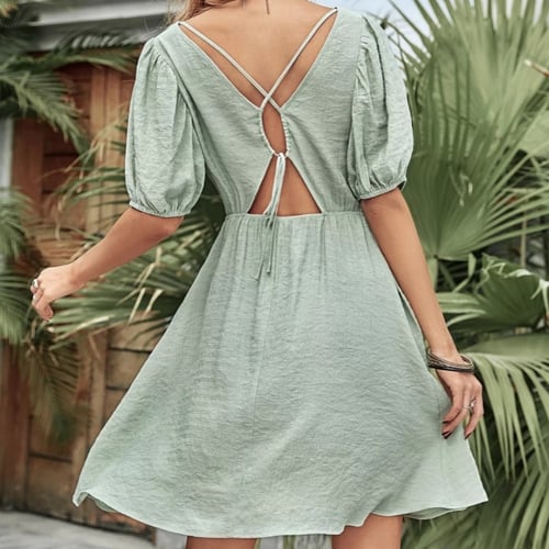 فستان نسائي قصير بأكمام قصيرة ، لون تفاحي