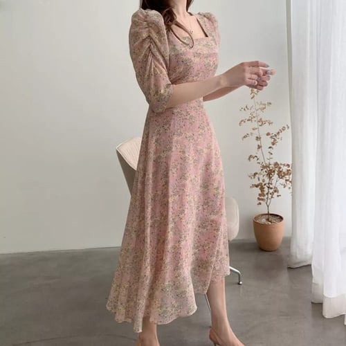 فستان نسائي انيق باكمام منتفخة ، على الطراز الكوري...