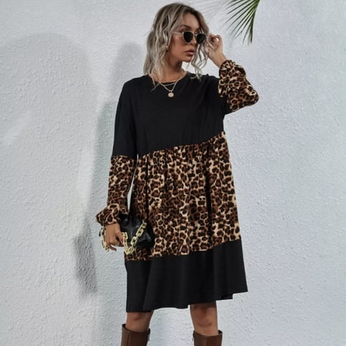 فستان نسائي قصير بأكمام فانوس ، نمط نمري