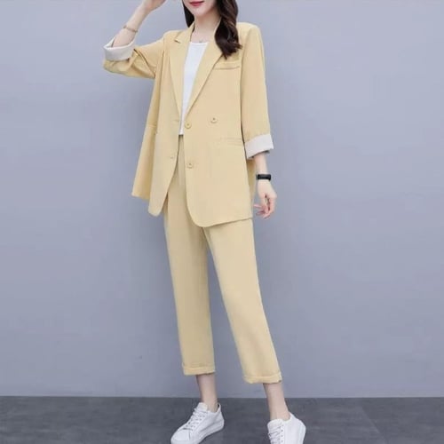 طقم بدلة رسمي نسائي ، قطعتين ، لون أصفر