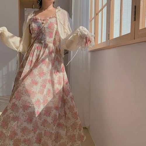 فستان نسائي صيفي بنمط الزهر ، تصميم كوري ، بدون اك...