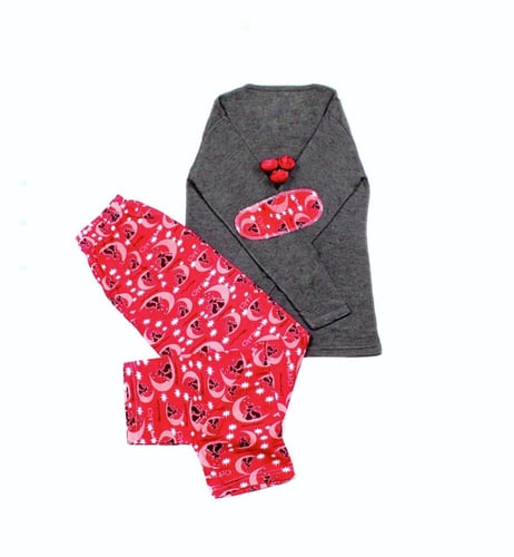 بيجامة نسائية قطن ، 3 قطع ، اللون الرمادي غامق