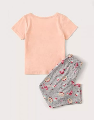 طقم بيجامة بناتي بتصميم جرافيك كرتون ، لون خربزي