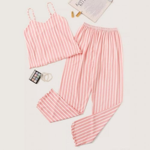 بيجامة وردية بلا أكمام ، بنمط مخطط ، عملية ومريحة