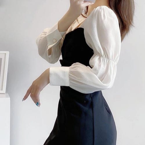 فستان نسائي متوسط الطول كوري أنيق ياقة مربعة ،أكما...