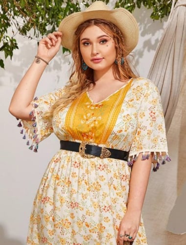 فستان نسائي بخط شكل A مقلم مهدب ومزهر ، مقاس كبير...