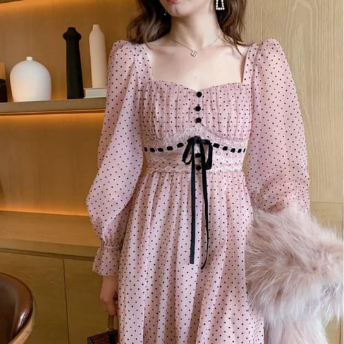 فستان نسائي ميدي ، بأكمام منفوخة ، ياقة مربعة ، نم...