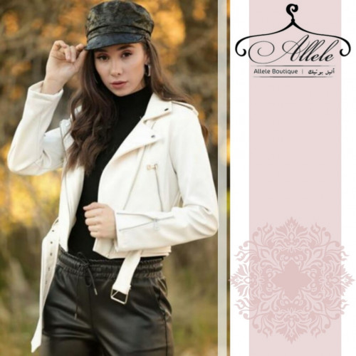 جاكيت جلدي نسائي ، أناقة وجودة عالية ، لون أبيض