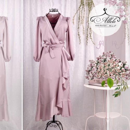 فستان نسائي ساتان ناعم بتصميم اللف وأكمام طويلة ،...