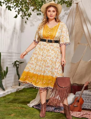 فستان نسائي بخط شكل A مقلم مهدب ومزهر ، مقاس كبير...