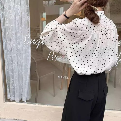 بلوزة نسائية شيفون واسعة ، بتصميم منقط ، متوفر بلو...