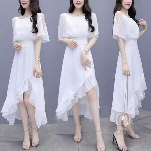 فستان نسائي شيفون بتصميم مميز واكمام واسعة ، اون أ...