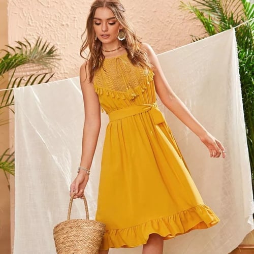 فستان نسائي بوهيمي بتصميمات الدانتيل ، ميدي الطول...