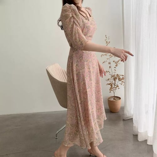 فستان نسائي انيق باكمام منتفخة ، على الطراز الكوري...