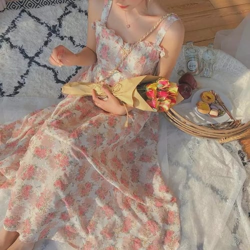 فستان نسائي صيفي بنمط الزهر ، تصميم كوري ، بدون اك...