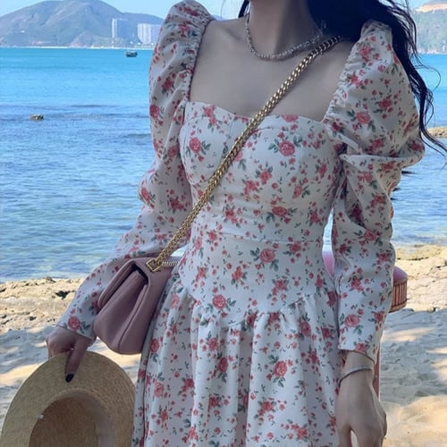 فستان نسائي ناعم و أنيق بنمط مورد ، بتصميم خصر ناز...