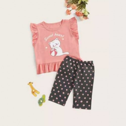 طقم بيجامة بناتي بتصميم نقاط البولكا ورسم القطة ،...