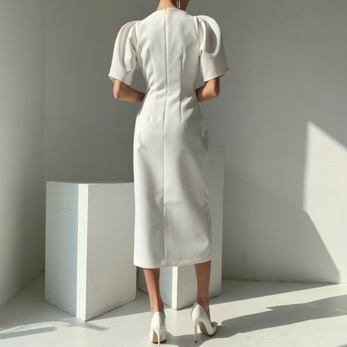 فستان نسائي أنيق ميدي بتصميم نفخة في الأكمام ، مزي...