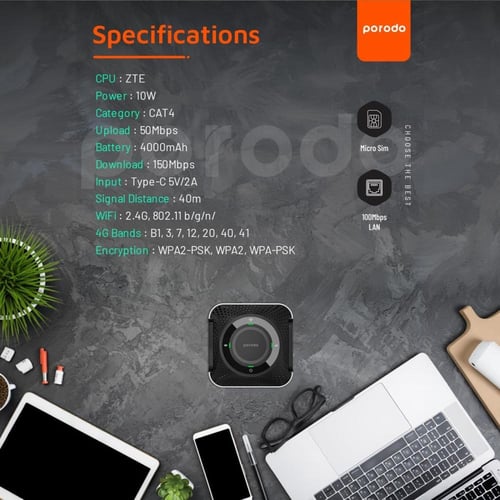 راوتر متنقل Porodo CPE MiFi 3G/4G مع بطارية 4000mA...