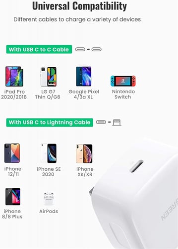 شاحن تايب سي PD قوة 20 واط من يوجرين - ابيض