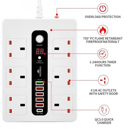 توصيلة كهرباء ذكية بمؤقت 6 افياش و 5 منافذ USB ومن...