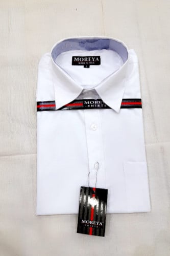 قميص المريع رجالي - أبيض كم طوبل