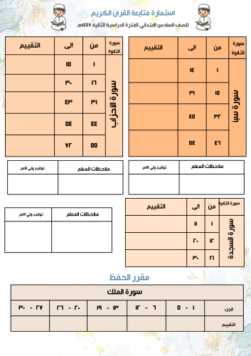 استمارة متابعة القرآن الكريم الصف السادس