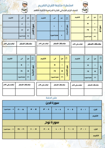 استمارة متابعة القرآن الكريم الصف الرابع