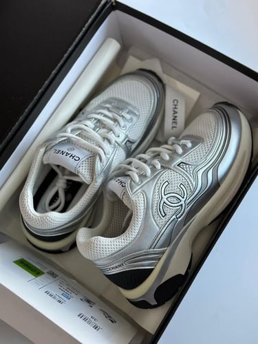 Chanel White & silver Leather And Neoprene CC Low...