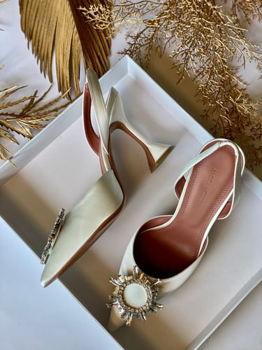 Amina Muaddi Satin Camelia Slingback Mules 90 - wh...